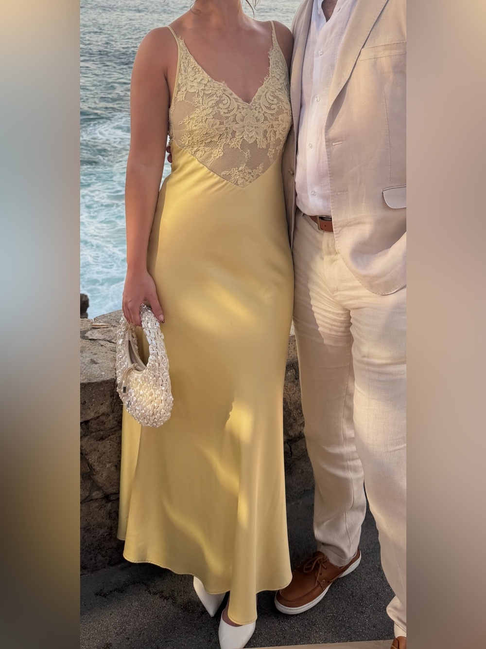Polina Gown by Delfi Collective Elegant Yellow Lace-Trim Slip Dress